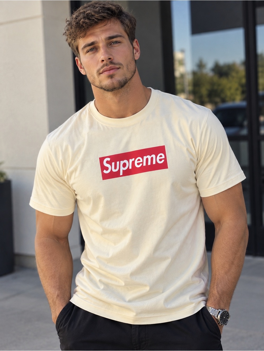 Supreme Cream Crewneck Tee with Red Box Logo